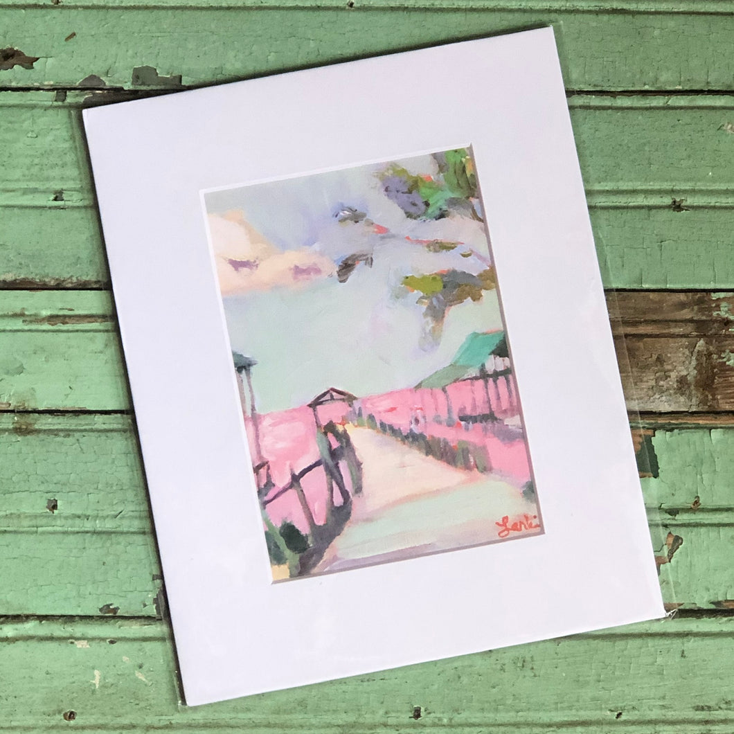 Fairhope Artist Larkin Peter’s “Neighborhood Pier” painting of Mobile Bay, Alabama.  Colors include pink sky, sunset, green tree, colorful pier. Local artist signed print. 